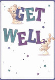 Brimming with light-hearted cheer, this get well card brings together two lovable friends-a teddy bear and a floppy-eared pup-each playfully interacting with the bold letters spelling out 'Get Well.' The bear, perched above 'GET' in vivid indigo, reaches down with a soft paw, while the puppy, nestled into 'WELL' in lively teal, gazes upwards with a hopeful expression. Tufts of illustrated fur look plush and comforting, almost inviting a gentle squeeze, capturing the tactile warmth of a handmade bouquet from a local Brunswick Park florist. Sprinkles of blue and purple starbursts dance across the soft white background, infusing the composition with breezy optimism, reminiscent of walks through the blooms at Oak Hill Park. The card's bright, friendly typography pops with joyful energy, reflecting the uplifting tone customers experience from Brunswick Park Flowers' get well arrangements. Each detail, from the expressive animal faces to the twinkling stars, conveys a message of genuine comfort and encouragement-making this card a perfect pairing with a thoughtfully delivered bouquet for someone recovering in the Brunswick Park community.
